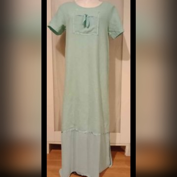 Christine Damen - Vintage light blue linen long maxi dress -  crew neck,  short - Picture 1 of 5